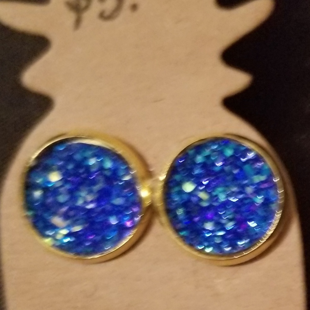 Blue Druzy Earrings in Gold Setting